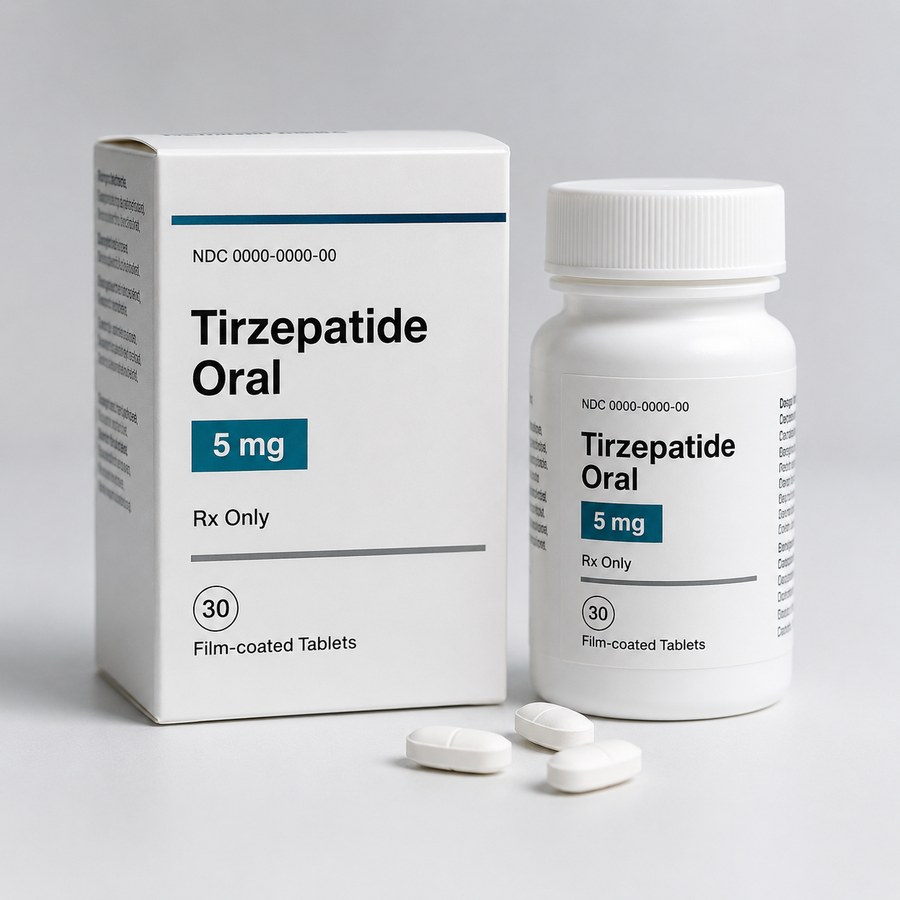 Compounded oral tirzepatide tablets — carton, bottle, and tablets, BridgeWell product photo